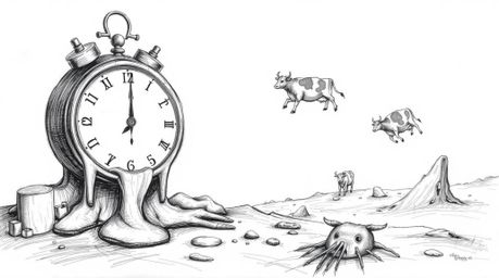 Explore a hand-drawn pencil sketch of a surreal dreamscape featuring melting clocks and floating cows. This artwork, characte