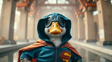 A precise architectural color photograph showcases a duck in a zany superhero costume, emphasizing sharp lines and detailed s