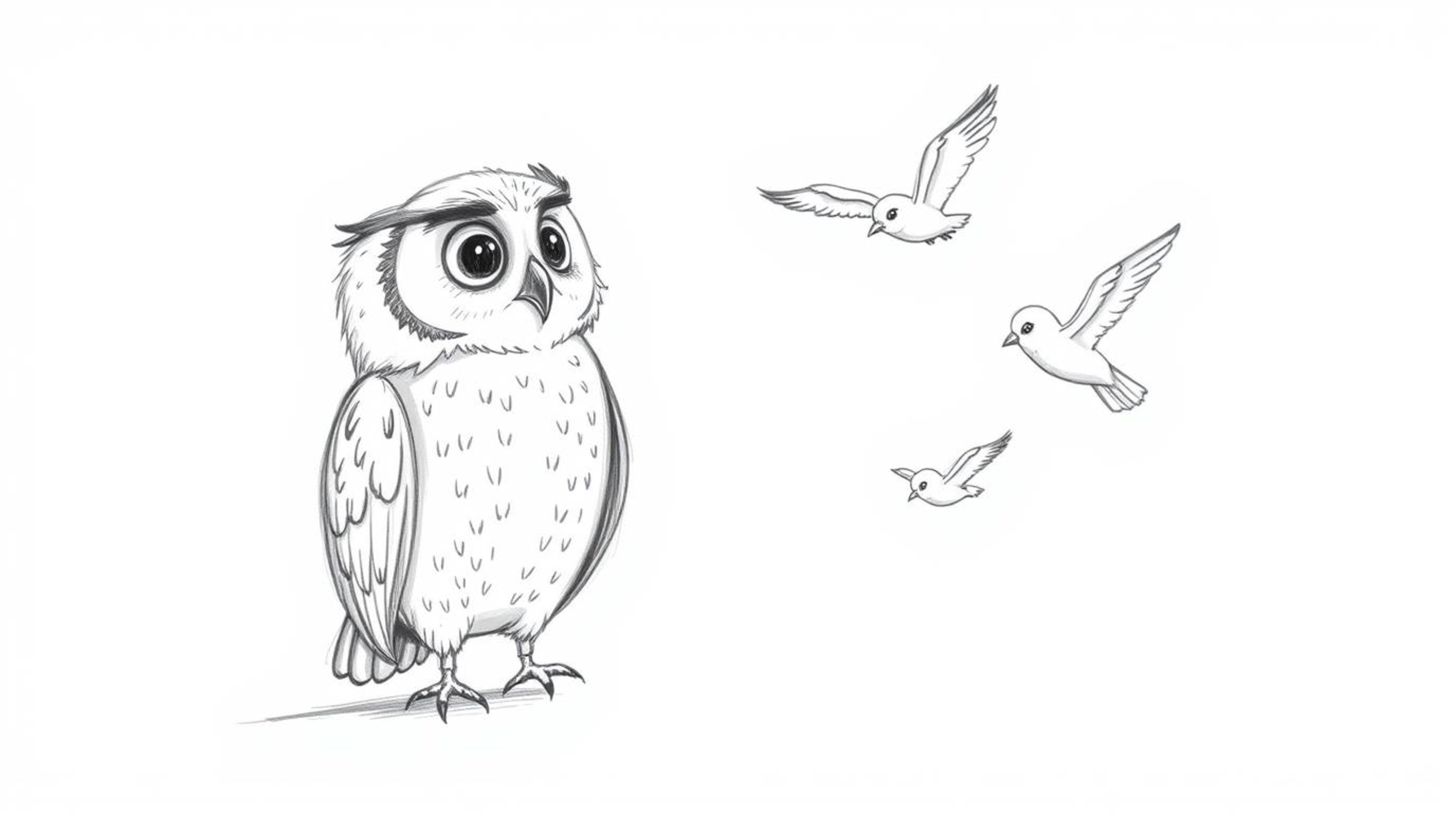 A heartwarming hand-drawn sketch in the style of Pixar animation depicts a blind owl with a gentle expression, patiently guid