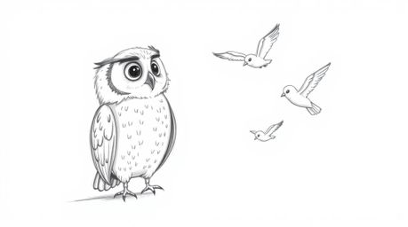 A heartwarming hand-drawn sketch in the style of Pixar animation depicts a blind owl with a gentle expression, patiently guid