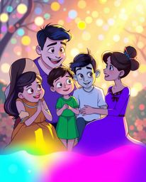 Experience a heartwarming family reunion depicted in a stunning Pixar-style illustration, brought to life with iridescent col