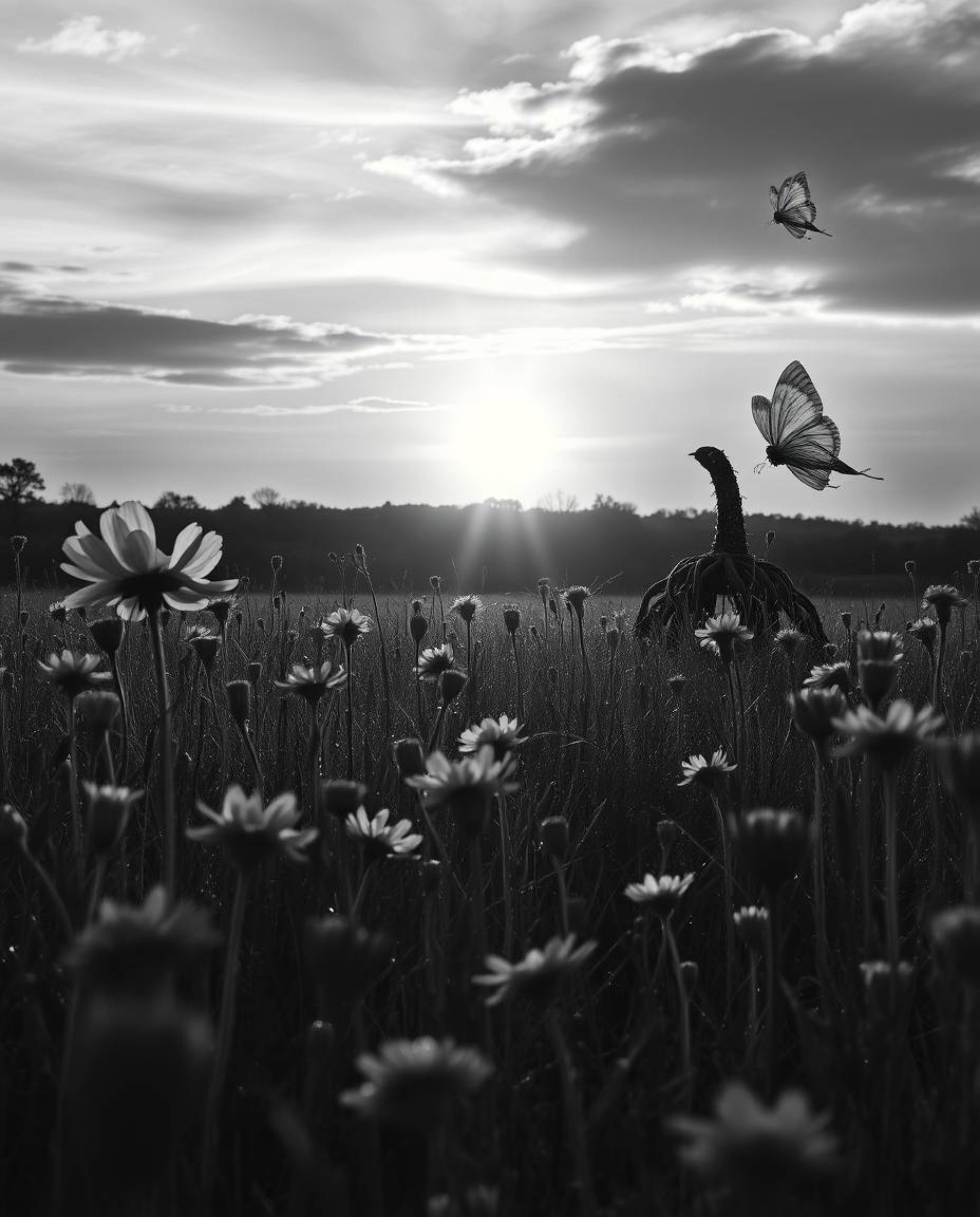 A dreamlike, surreal black and white photograph capturing a classic, elegant spring sunset over a wildflower meadow. This ima