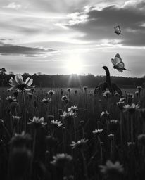 A dreamlike, surreal black and white photograph capturing a classic, elegant spring sunset over a wildflower meadow. This ima