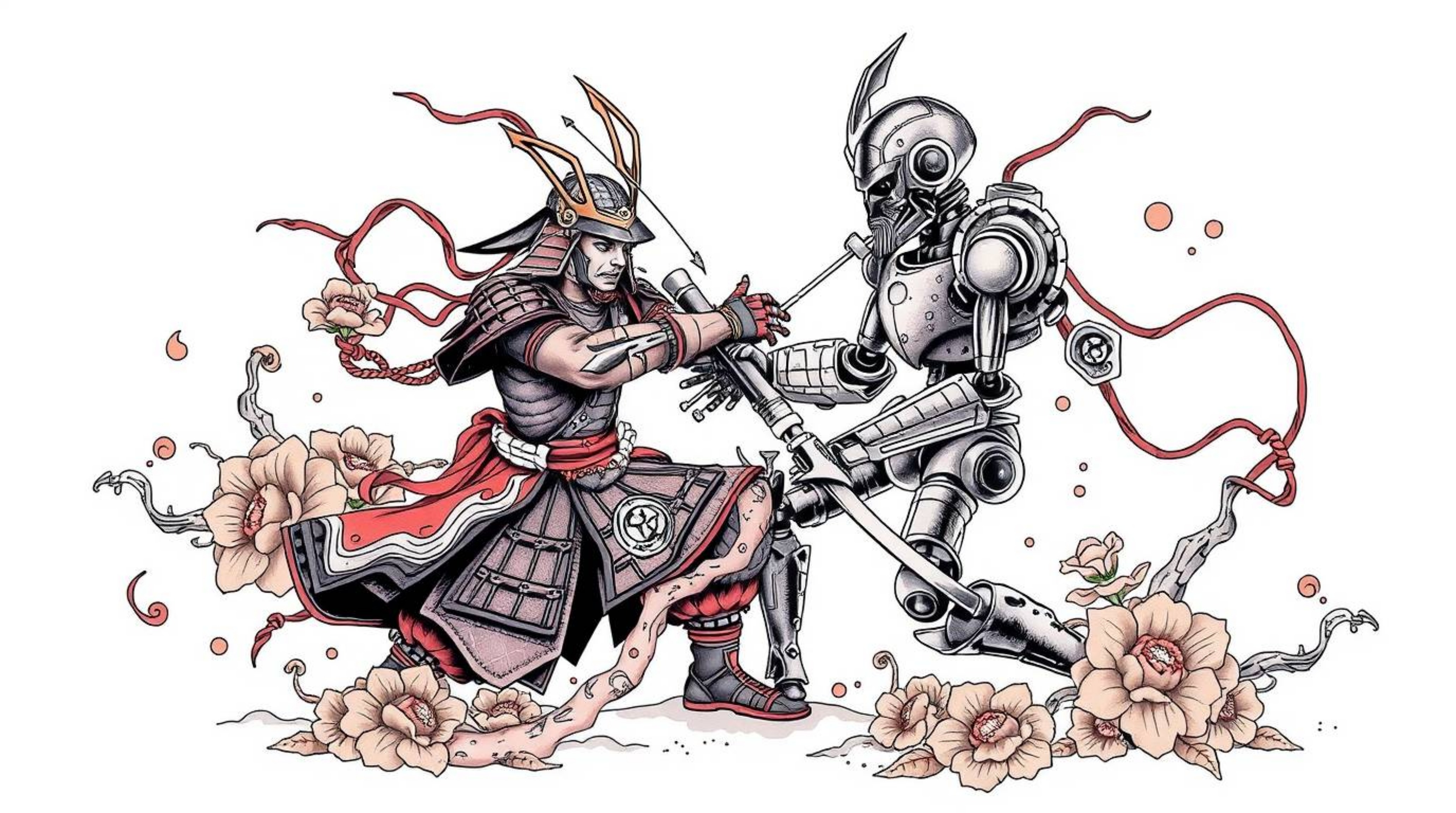 A captivating soft pastel tattoo art print depicting a stylized samurai battling a robot in a dystopian world. This piece fea