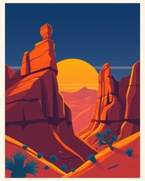 This artwork captures sandstone cliffs illuminated by a canyon sunset, rendered in a modern flat design style. The scene is b