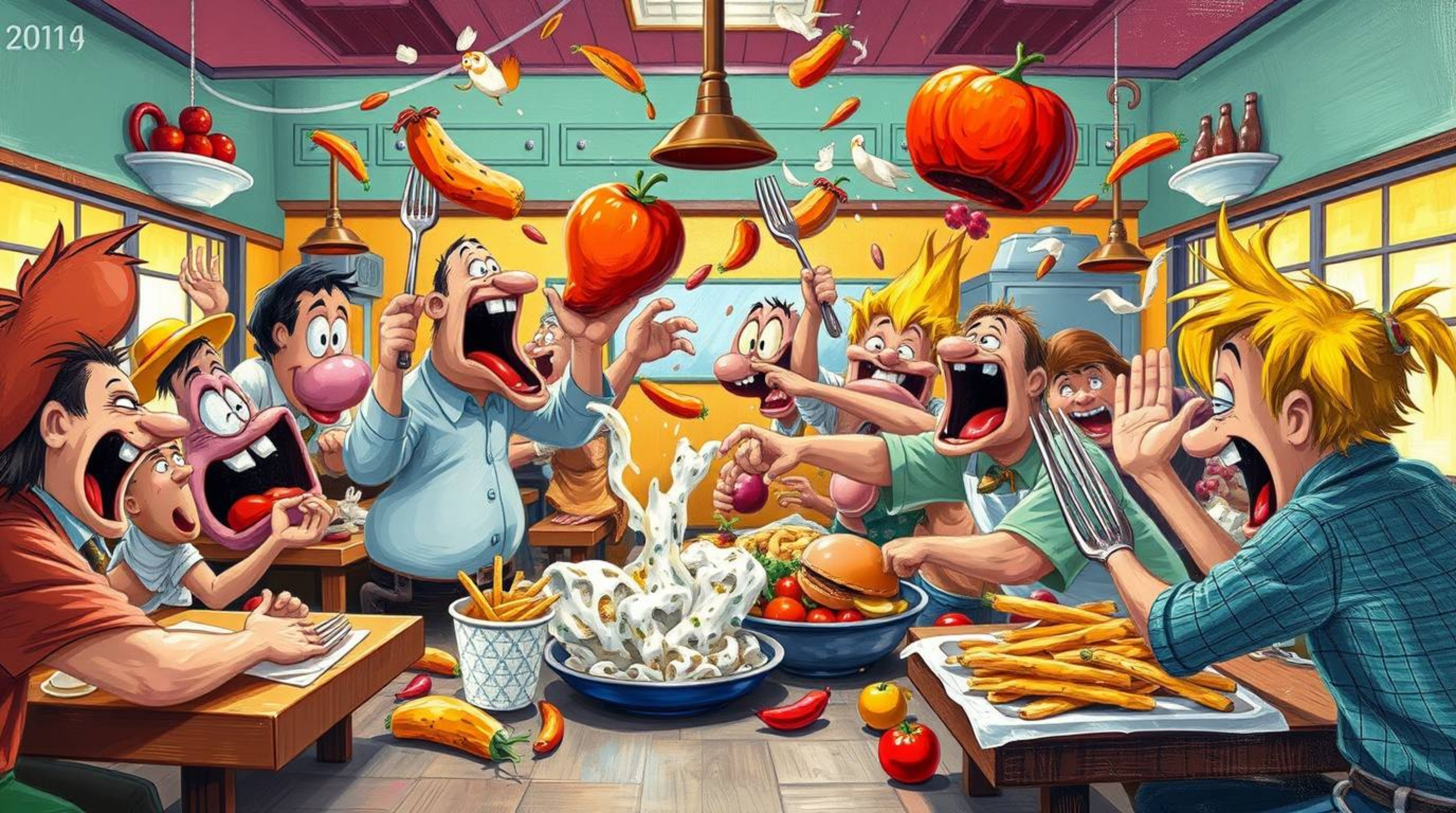 A chaotic and colorful food fight erupts in a cartoon cafeteria, rendered in a classic oil painting style.  Witness the vibra