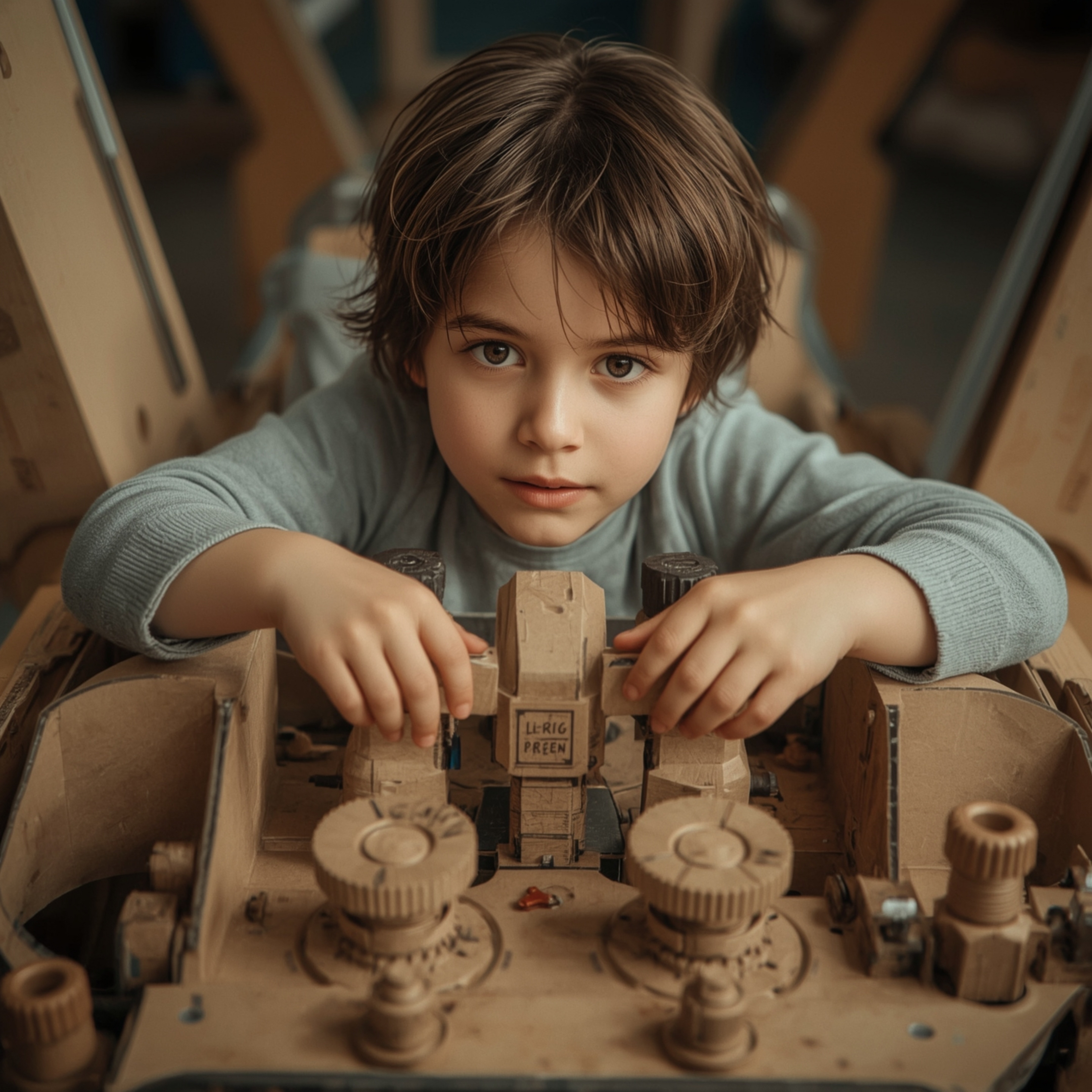 Exquisite high-fashion photography captures a young boy with bright eyes and a curious expression building a remarkably detai