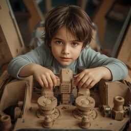 Exquisite high-fashion photography captures a young boy with bright eyes and a curious expression building a remarkably detai