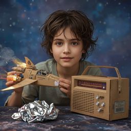 Exquisite high fashion photography capturing a young boy with bright, curious eyes crafting an intricately designed cardboard