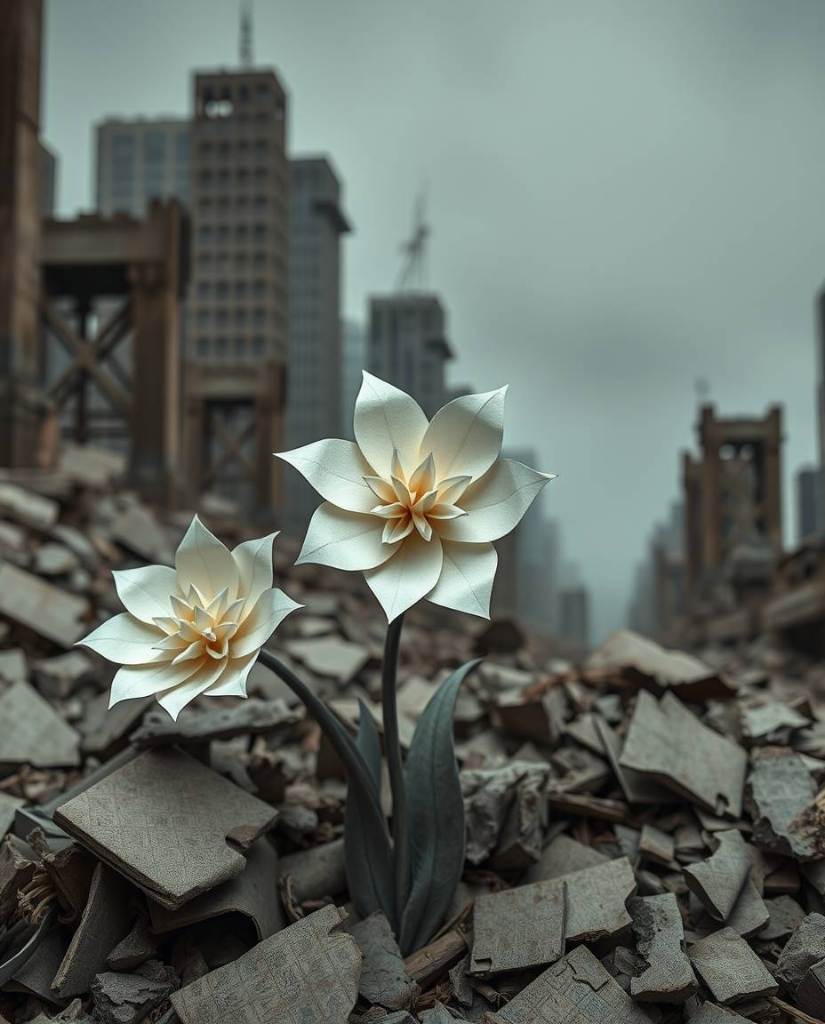 Discover breathtaking imagery of intricate origami flowers blossoming amidst the desolate beauty of a post-apocalyptic city. 