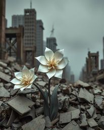 Discover breathtaking imagery of intricate origami flowers blossoming amidst the desolate beauty of a post-apocalyptic city. 