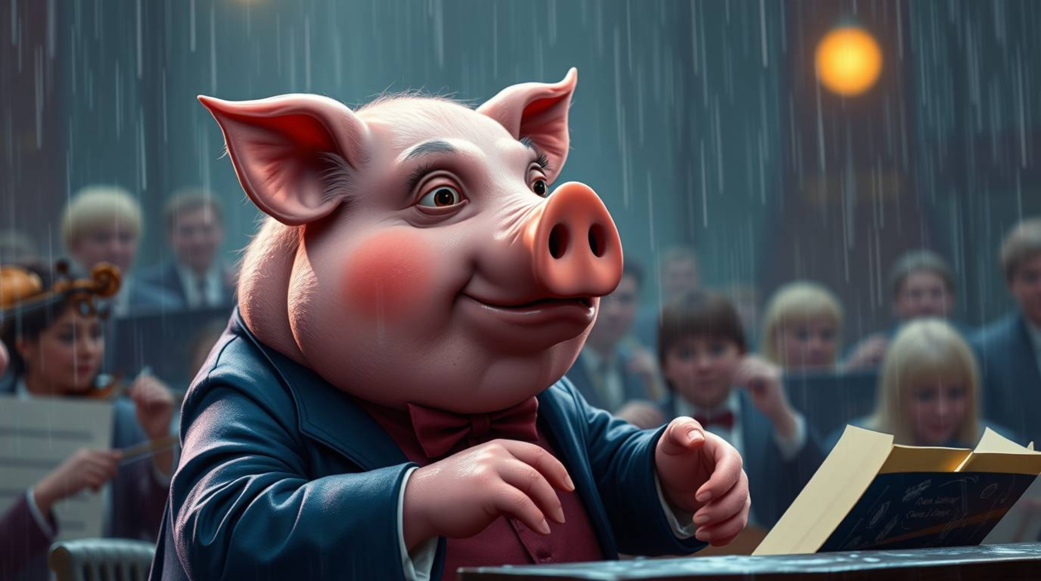 An elegant and sophisticated pig character takes center stage, conducting a vibrant orchestra in a captivating rainy scene. T