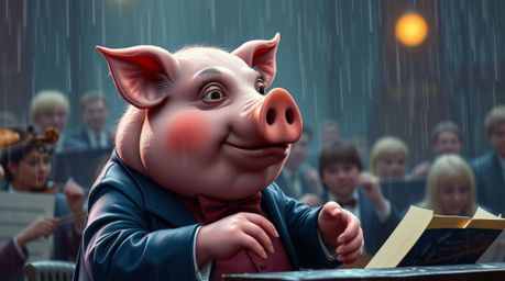 An elegant and sophisticated pig character takes center stage, conducting a vibrant orchestra in a captivating rainy scene. T