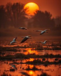 A warm, soft, professional fine art photograph of Golden hour wetlands with herons flying. This image masterfully uses chiaro