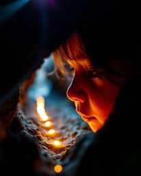 An extreme macro close-up captures the mysterious journey of a child, their face partially hidden, as they follow a trail of 