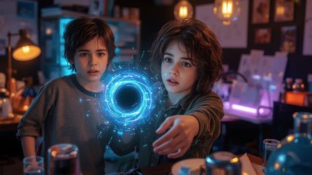 A vibrant, cinematic photograph captures a whimsical, Pixar-inspired moment as a diverse duo of tween-aged scientists at a sc