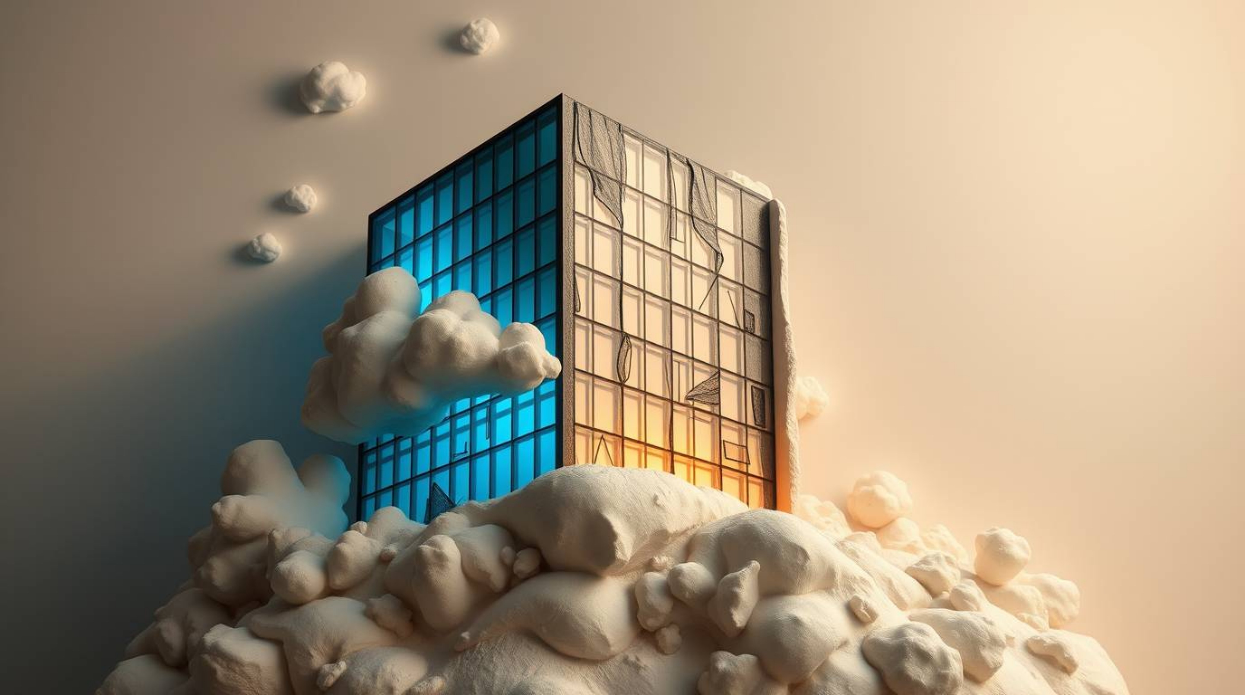 This sculptural clay art piece captures a modern glass building seamlessly dissolving into the sky, where soft clouds gracefu