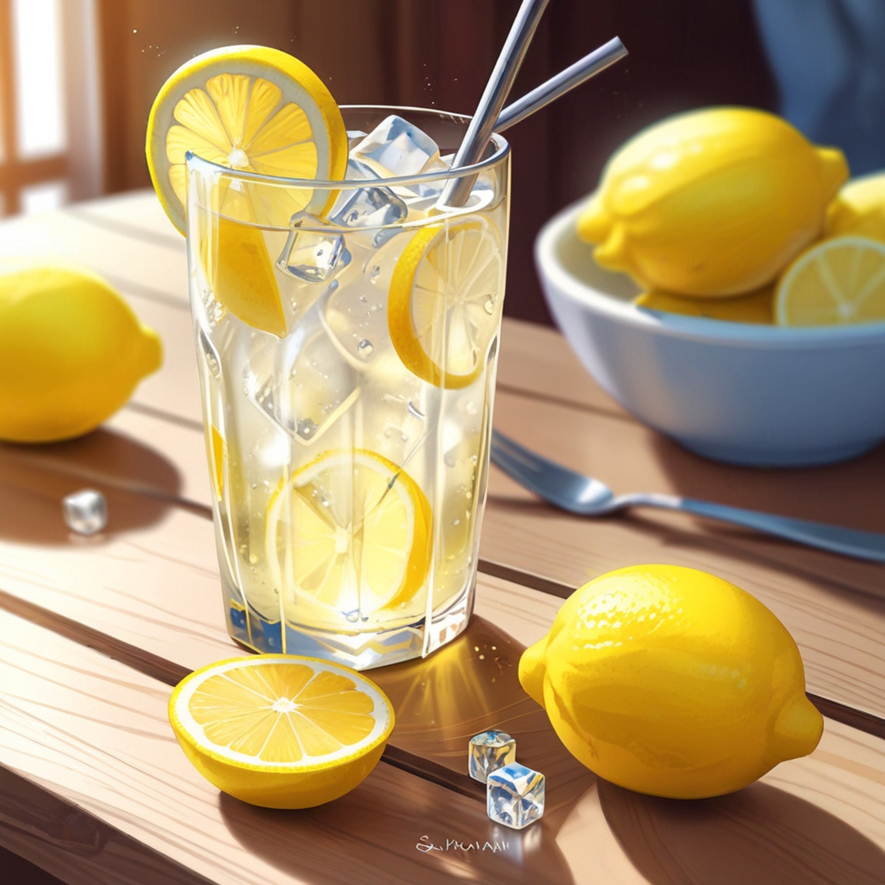 A refreshing tall glass of lemonade with ice cubes and a lemon slice provides the perfect summer thirst-quencher.  This image