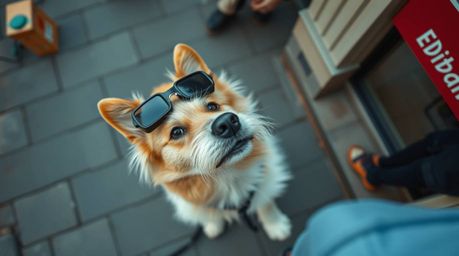 Capturing a spontaneous moment in an urban setting, this overhead candid street photography piece features a dog detective eq