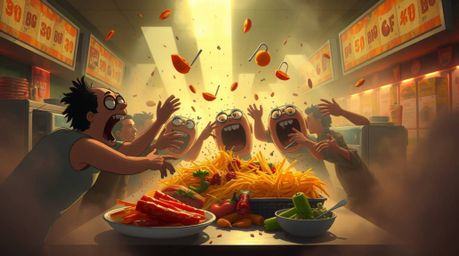 A captivating image depicting a chaotic and energetic food fight in a cartoon cafeteria.  The scene is rendered in a strong, 