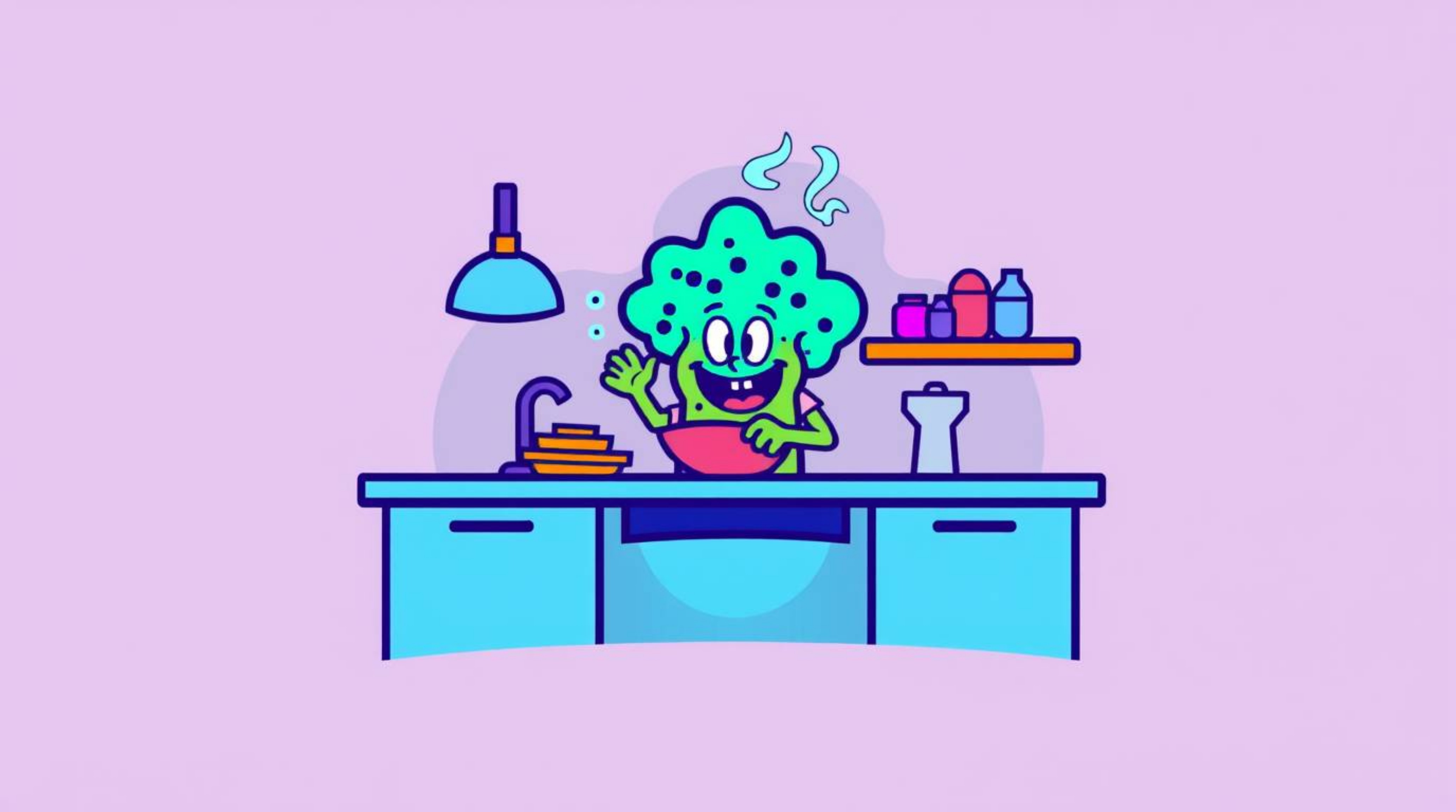 A captivating geometric logo design featuring a bioluminescent sponge character enthusiastically cooking in a vibrant underwa