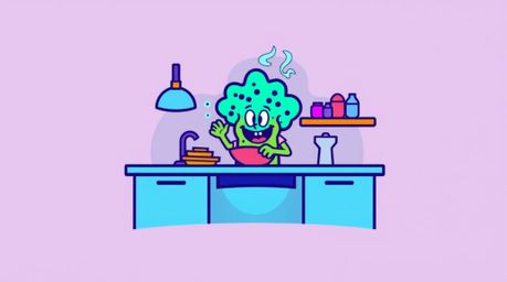 A captivating geometric logo design featuring a bioluminescent sponge character enthusiastically cooking in a vibrant underwa
