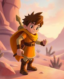 Embark on a vibrant desert adventure with a brave hero, rendered in the style of Disney animation.  Experience a dreamy atmos