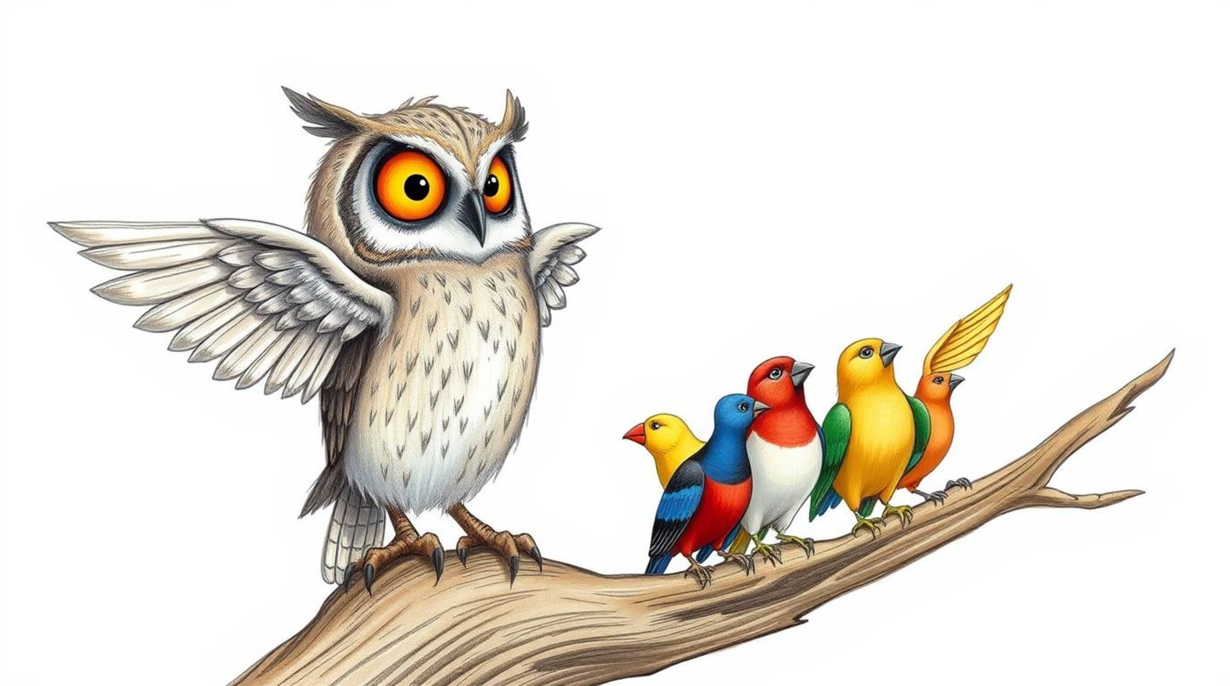 A heart-warming Pixar-style, hand-drawn sketch depicts a blind owl with meticulously textured feathers, perched on a hollow b