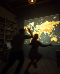 A dynamic scene captures a glowing map projection within an old study, utilizing volumetric lighting and blurred lines to sug