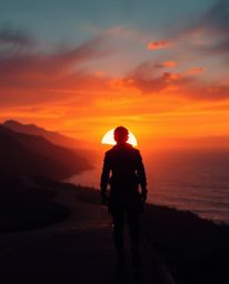 This is a silhouetted, futuristic sci-fi style depiction of a sunset sky over a winding coastal highway. The scene is charact