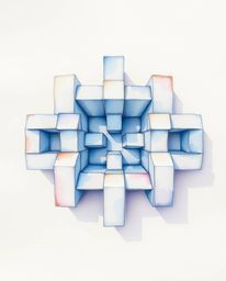 This delicate watercolor painting presents a mesmerizing bird's eye view of a repetitive cube pattern rendered in Escher-styl
