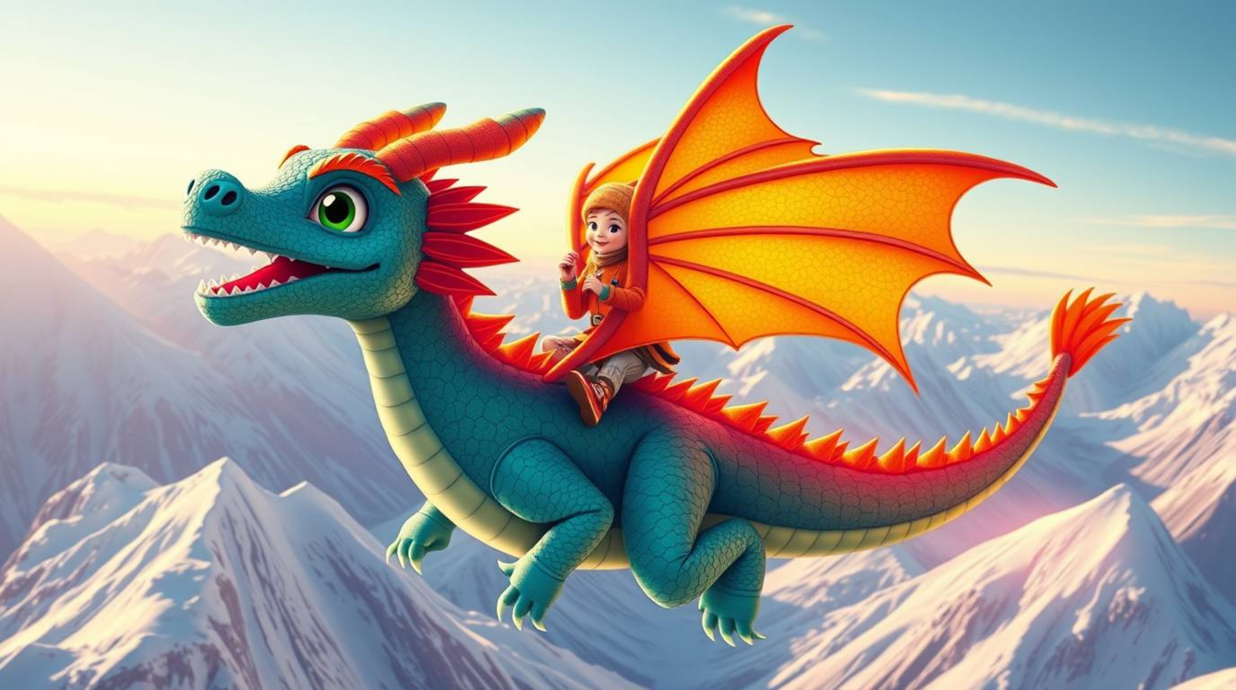 A charming illustration depicts an adorable dragon and its rider soaring above icy mountains.  The artwork showcases electric