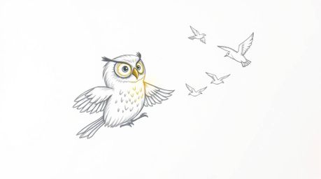 A heartwarming Pixar-style hand-drawn sketch depicts a blind owl passionately teaching birds how to fly.  Sunbeams illuminate