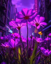 Vivid purple and deep ultraviolet hues illuminate flowers blooming amidst the stark ruins of a post-apocalyptic city. This im