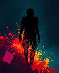 Eerie and creepy Isekai anime-style artwork showcasing a human silhouette constructed from vibrant, colorful splash patterns.