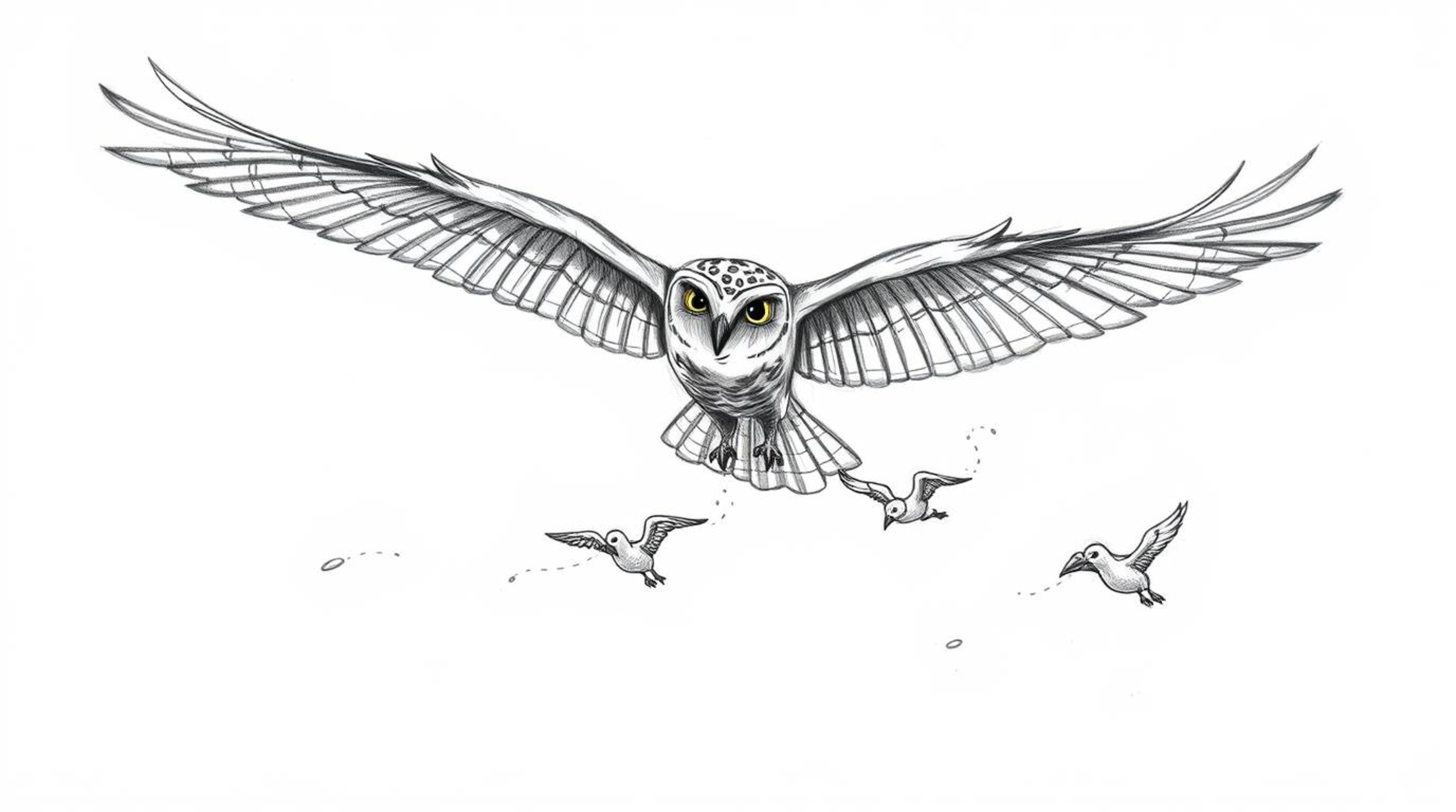A hand-drawn Pixar-style sketch showcasing a blind owl in mid-flight, generously teaching a group of birds how to fly. The sc