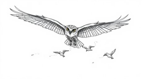 A hand-drawn Pixar-style sketch showcasing a blind owl in mid-flight, generously teaching a group of birds how to fly. The sc