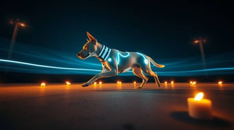 A captivating long exposure photograph depicts a futuristic dog autonomously strolling through the cosmos.  Viewed from below