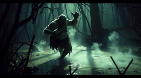 A captivating and surreal image depicts an ogre performing a whimsical dance within a swampy environment.  Intense dramatic l