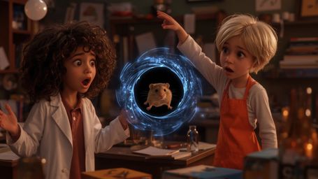 In a vibrant, cinematic photograph rendered in a hyper-realistic, Pixar-inspired style, a dynamic science fair duo unwittingl