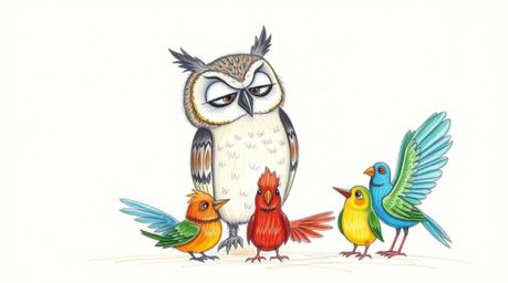 A heartwarming hand-drawn sketch in the style of Pixar depicts a wise-looking blind owl instructing colorful birds who are sk