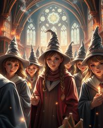 Explore a captivating magical school brought to life through stunning light art, depicting young wizards in an atmosphere of 