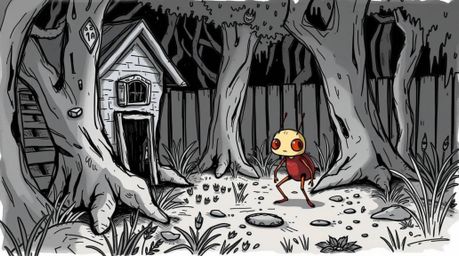 A hand-drawn sketch in a colorful sketchnote style depicts a tiny, bug-sized hero venturing through a creepy and eerie backya