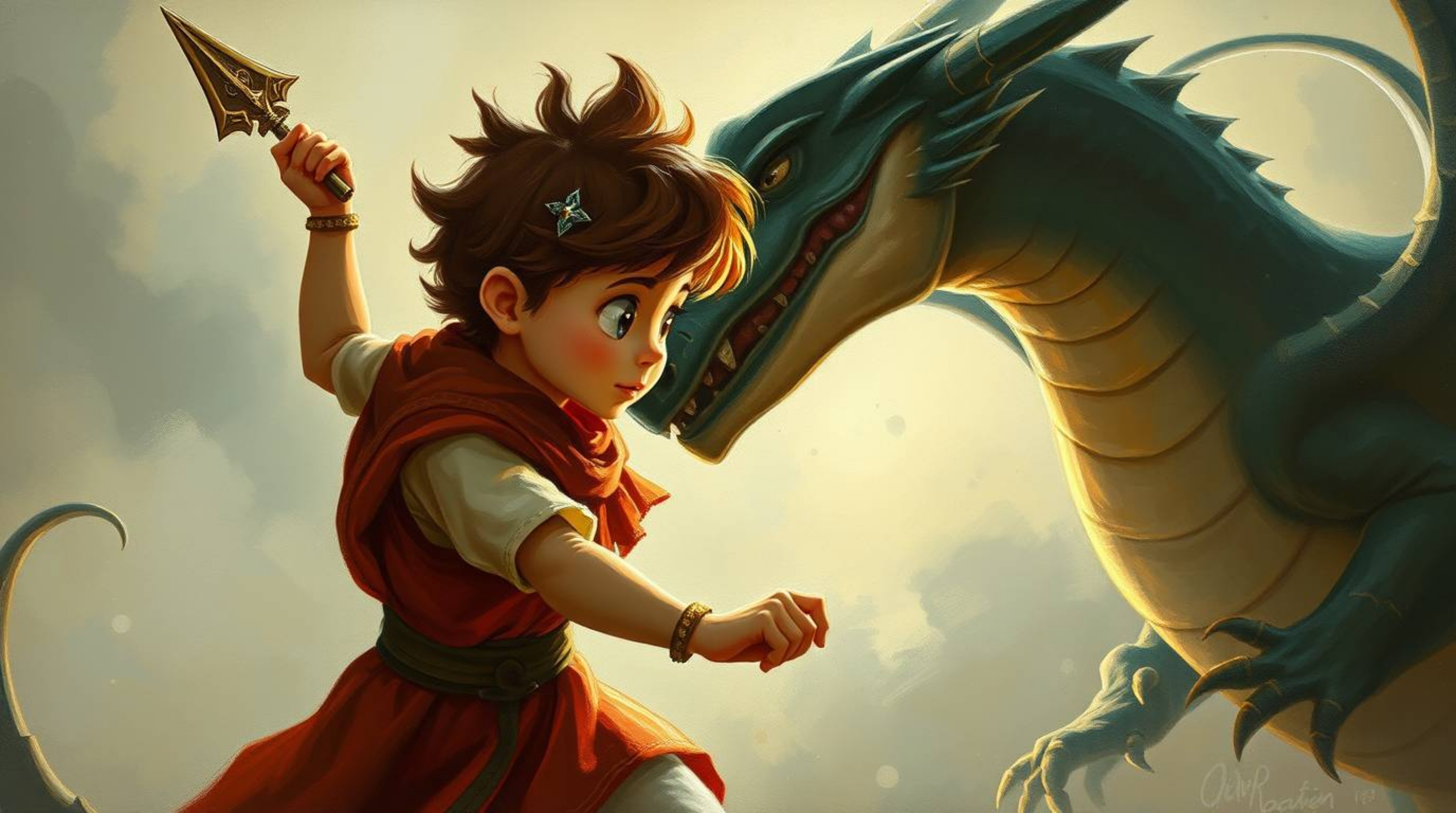 A captivating oil painting in the style of 1950s animation depicts a charming prince bravely battling a fierce dragon.  The a