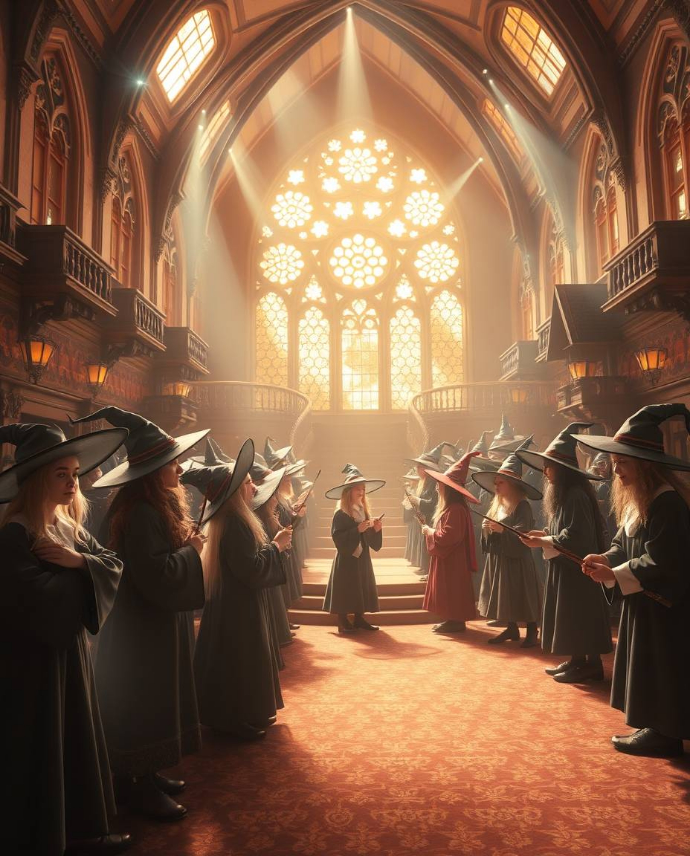 Discover a magical school brimming with young wizards, radiating a warm, golden glow and an ethereal spiritual vibe. Experien