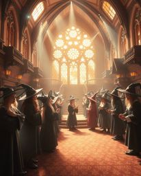 Discover a magical school brimming with young wizards, radiating a warm, golden glow and an ethereal spiritual vibe. Experien