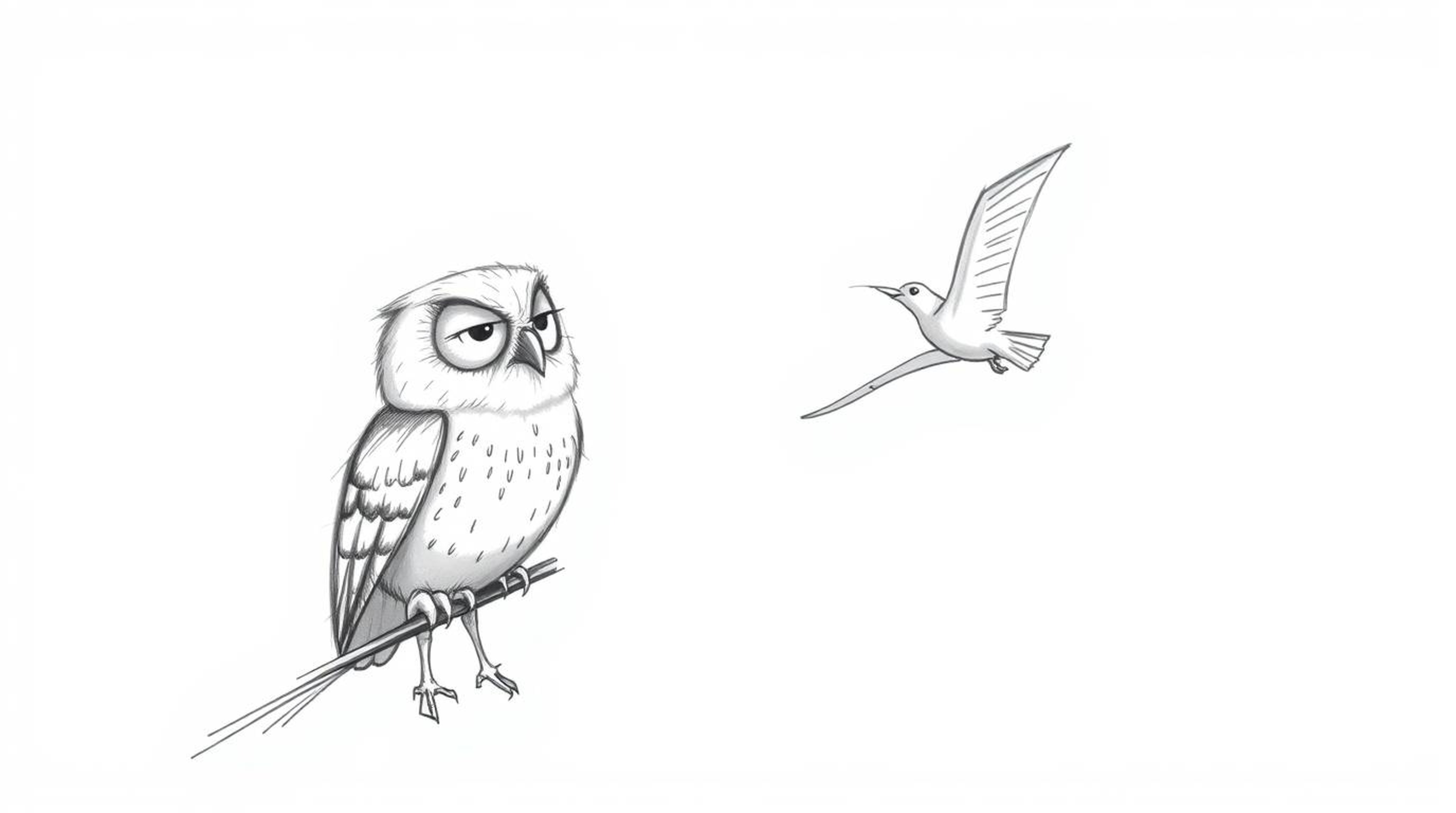 A heartwarming hand-drawn sketch in the style of Pixar showcases a blind owl, lovingly rendered with soft pencil strokes agai