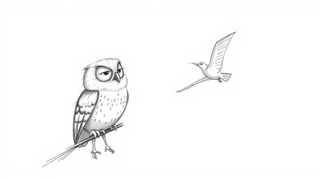 A heartwarming hand-drawn sketch in the style of Pixar showcases a blind owl, lovingly rendered with soft pencil strokes agai