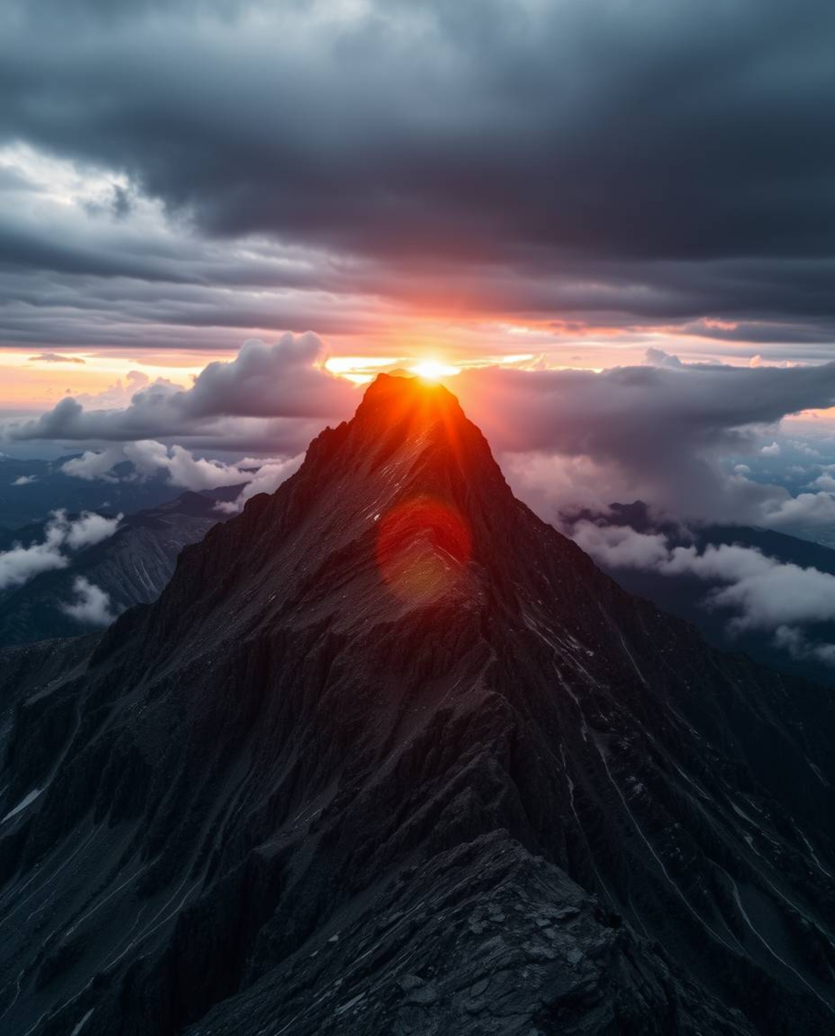 Experience a sunset from a high alpine peak, captured with a distinct split and intense, dramatic weather. This image evokes 