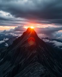 Experience a sunset from a high alpine peak, captured with a distinct split and intense, dramatic weather. This image evokes 